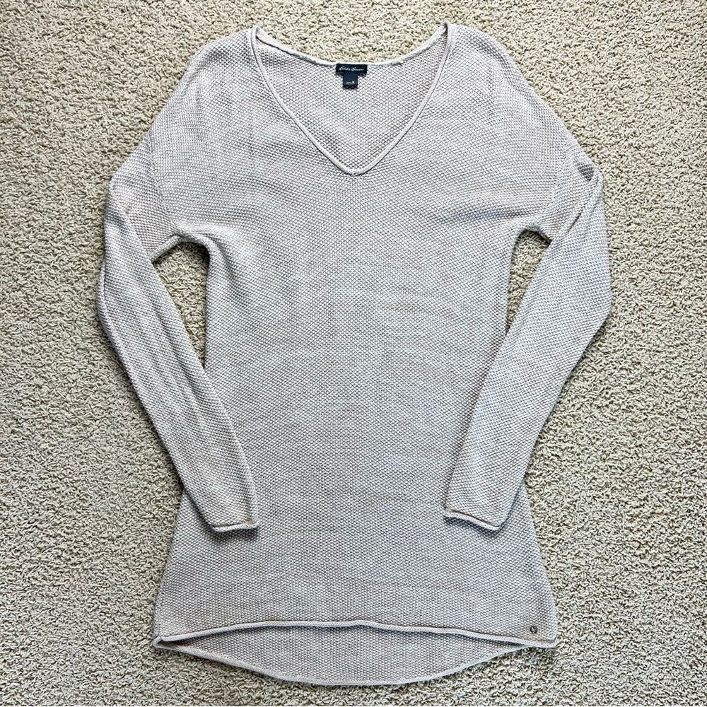 Eddie Bauer Long Tunic Top Long Sleeve Open Knit Sweater Beige Size Medium